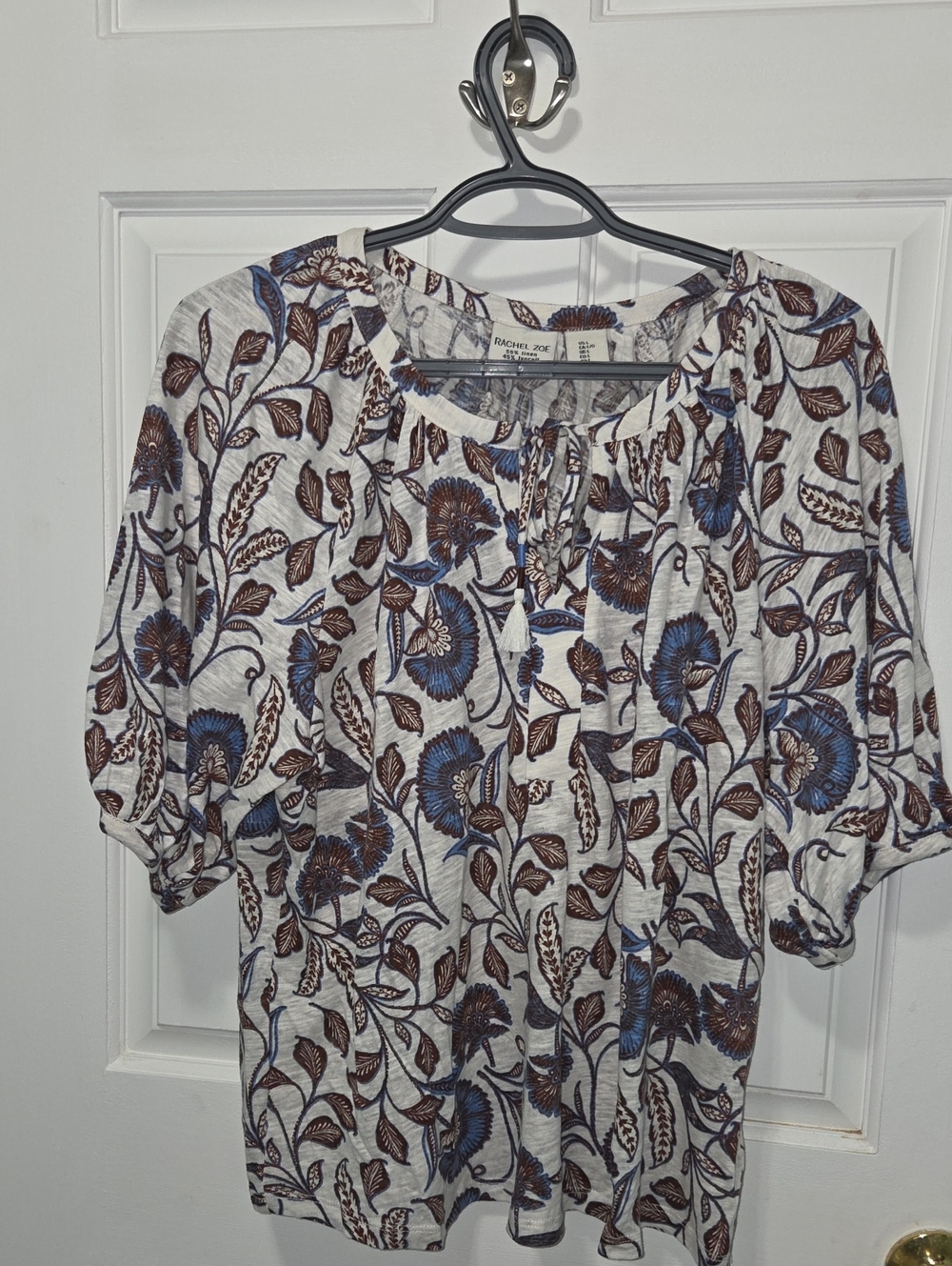 Rachel Zoe Floral Peasant Top with Blue & Brown Motif